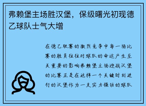 弗赖堡主场胜汉堡，保级曙光初现德乙球队士气大增